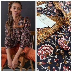 NWT Anthropologie Othilia Sera Ruffled Blouse Navy Floral Boho Combo ruf…